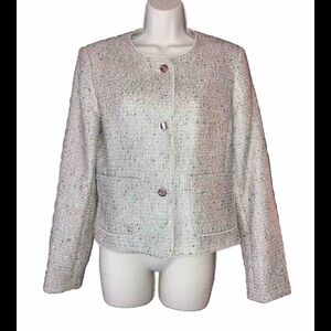 Calvin Klein Tweed Short Blazer Jacket Women’s Gold Buttons Tan Silver Black 10